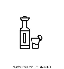 Tequila bottle and glass icon outline collection in black