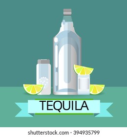 Tequila Bottle Glass With Lemon Lime Salt Alcohol Drink Icon Flat Vector Illustration
