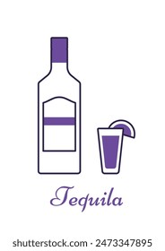 Tequila bottle and glass. Linear icons beverages flat design. Outline violet alcohol drinks with wineglasses isolated on white background. Thin line objects. Vector illustration.