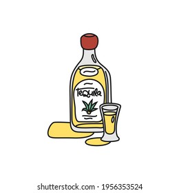 Tequila bottle and glass superimposed outline icon on white background. Colored cartoon sketch graphic design. Doodle style. Hand drawn image. Party drinks concept. Freehand drawing style. Vector.
