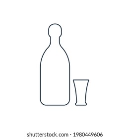 Tequila bottle and glassware. Alcoholic drink for parties and celebrations. Simple black line shapes isolated. Illustration on white background. Flat design style for any purposes. Vector.