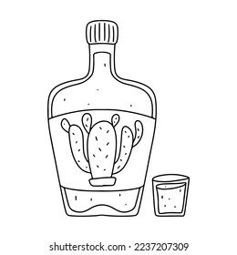 Tequila en frasco en forma de doodle dibujado a mano. Bebida tradicional mexicana. Ilustración portadora de bebidas latinoamericanas.