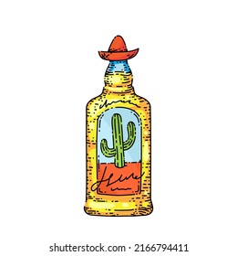 tequila bottle hand drawn vector. shot, agave mexico alcohol, mexican glass tequila bottle sketch. isolated color illustration