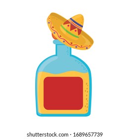 tequila bottle with hat, cinco de mayo mexican celebration vector illustration, flat style icon