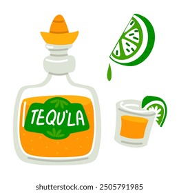 Tequila bottle with hat, glass, lime slices isolated on white. Flat vector illustration of Mexican strong drink. Drinking an alcoholic beverage is a treat. Yellow hot liquid. Bottle with product label