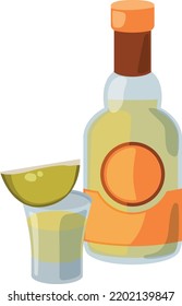 Tequila Bottle Icon. Cartoon Shot Glass With Lime Slice