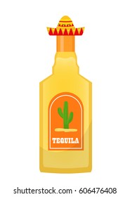 Tequila Bottle Icon Flat, Cartoon Style Isolated On White Background. Vector Illustration, Clip Art. Traditional Mexican Drink