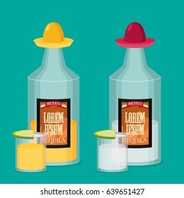 Tequila bottle, lemon. Flat vector.