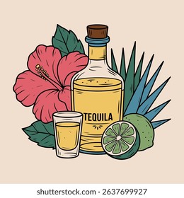 Tequila Bottle with Lime and Hibiscus Floral Illustration