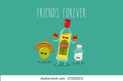 Tequila bottle, lime and salt shaker. Vector cartoon. Friends forever. Comic characters. You can use in the menu, in the shop, in the bar, the card or stickers.