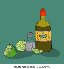 Tequila bottle, lime and salt. Vector background