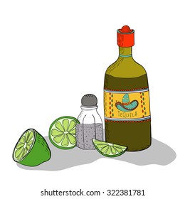 Tequila bottle, lime and salt. Vector background