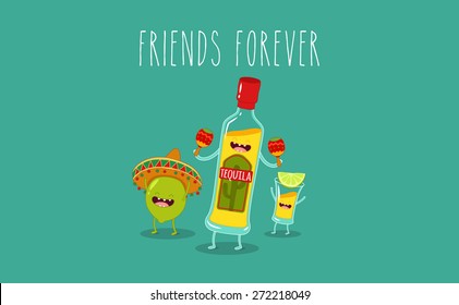 Tequila bottle, lime and tequila shot. Vector cartoon. Friends forever. Comic characters. You can use in the menu, in the shop, in the bar, the card or stickers.