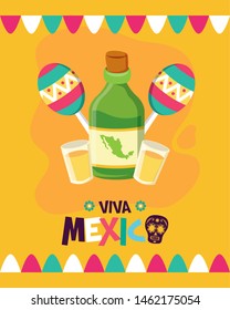tequila bottle and maracas celebration viva mexico vector illustration
