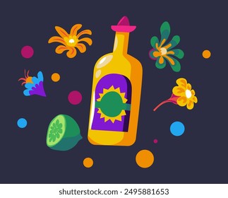 Tequila Bottle and Marigolds vector