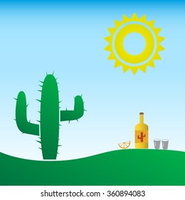 tequila bottle in the mexico with sun and cactus eps10