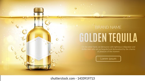 Tequila bottle mock up banner, glass flask with golden liquid and blank label mockup, mexican alcohol drink on gold aqua background with air bubbles advertising design Realistic 3d vector illustration