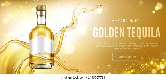 Tequila bottle mock up banner, glass flask with golden liquid and blank label mockup, mexican alcohol drink on gold aqua background with air bubbles advertising design Realistic 3d vector illustration