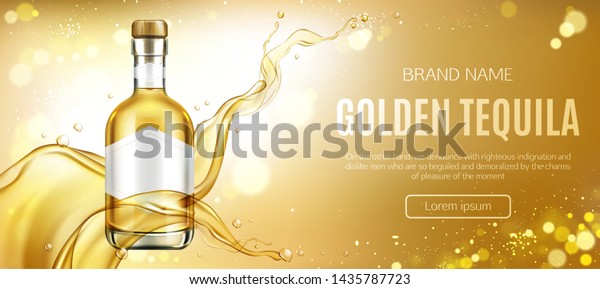 金色の水色の背景にメキシコのアルコール飲料と気泡広告デザインのリアルな3dベクターイラスト 金色の液体と空白のラベルとテキーラボトルモックアップバナー ガラスのフラスコ のベクター画像素材 ロイヤリティフリー