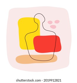 Tequila bottle on abstract background. Hand drawn doodle various shapes, spots. Contemporary modern trendy illustration. Minimalistic сoncept of alcoholic beverages. Present flat style graphic design
