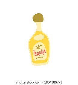 Tequila bottle on white background. Cartoon sketch graphic design. Doodle style. Hand drawn image. Party drinks concept. Freehand drawing style. Vector.
