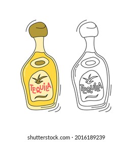 Tequila bottle on white background. Two kinds beverage. Cartoon sketch graphic design. Doodle style with black contour line. Colored hand drawn object. Party drinks concept. Freehand drawing style.
