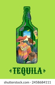 Tequila bottle paper cut banner of Mexican blue agave alcohol drink, vector background. Tequila bottle shape paper cut frame with Mexican charro man in sombrero, donkey and wooden barrel with limes