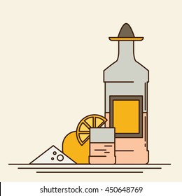 Tequila bottle, salt, lemon. Flat vector.