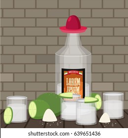 Tequila bottle, salt, lemon. Flat vector.