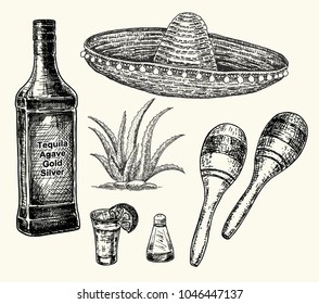 Tequila bottle, salt shaker and shot glass with lime, sombrero and maracas. Mexican alcohol drink vector drawing. Sketch of shot glass cocktail with citrus slice. Engraved illustration.