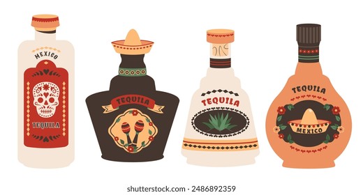 Tequila bottle set. Glass bottles of different shapes, size, color with mexican elements. Alcoholic beverages in  retro style. Mexico tequila with Vintage labels. Vector illustration