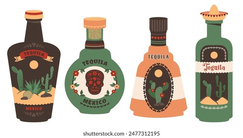 Tequila bottle set isolated on white background. Different Glass bottles with cactus, skull, agave, national hat,  vintage labels, mexican elements. Alcoholic beverages in retro style. Vector