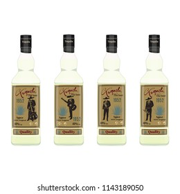 Tequila bottle set. Vector illustration isolated on white background. Tequila bottle packaging with label mockups. Flat style design.