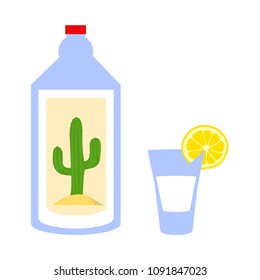 Tequila bottle and short drink with lemon. Cactus symbol.  Alcohol, tequila vector, isolated on white