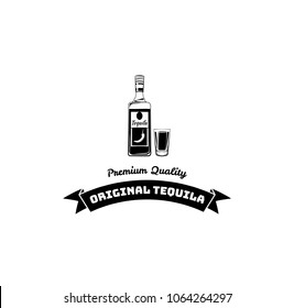 Tequila bottle, shot. Alcoholic beverage, Alcohol drink. Dar pub menu design. Vector illustration