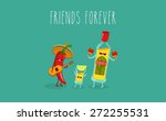 Tequila bottle, tequila shot and chili pepper. Vector cartoon. Friends forever. Comic characters. Use for card, poster, banner, web design and print on t-shirt. Easy to edit. Vector illustration.