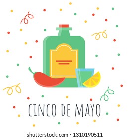 Tequila bottle and shot, chili pepper and lemon slice. Cinco de Mayo emblem, symbols of holiday. Isolated on background. Vector illustration