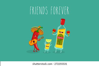 Tequila bottle, tequila shot and chili pepper. Vector cartoon. Friends forever. Comic characters. Use for card, poster, banner, web design and print on t-shirt. Easy to edit. Vector illustration.