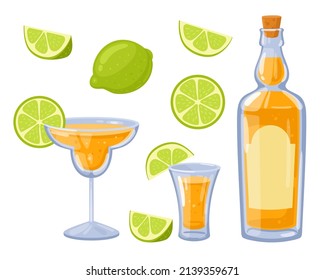 Tequila bottle, shot, glass with tequila and lime. Mexican traditional alcoholic drink. Vector illustration in cartoon style. Lime whole, slice, cut.