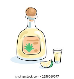 Tequila bottle and shot glass. Picture in line style. Black contour with colored spots. Isolated on white background. Vector flat illustration. Bar and restaurant menu template.