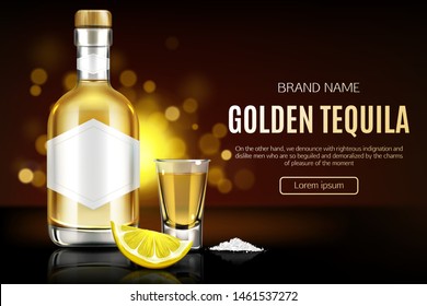 Tequila bottle, shot glass, salt and lemon slice mock up banner, glass flask with golden liquid and blank label mockup, mexican strong alcohol drink advertising design Realistic 3d vector illustration