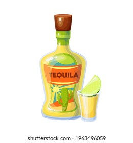 Tequila bottle and shot glass with slice of lime, mexican alcohol drink vector illustration.