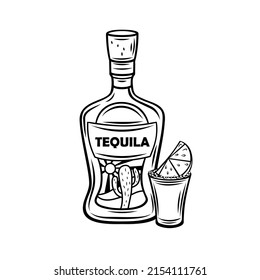 Tequila bottle and shot glass with slice of lime, mexican alcohol drink drawn outline vector illustration in retro style .