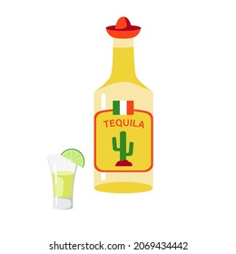 Tequila. Bottle of tequila and shot glass, traditional Mexican drink. Icon, clipart for website, travel app, Mexican food and recipes. Vector flat illustration, cartoon style.