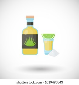 Tequila bottle and shot with lemon and salt flat vector icon, Flat design of Mexican beverage, blue agave product or bat object with round shadow, cute vector illustration with reflections