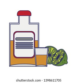 Tequila bottle and shot with lemons