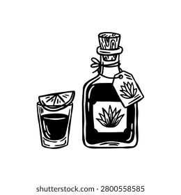Tequila bottle and tequila shot vector set of illustrations. Western saloon tequila, mexican drink alcohol doodle element, line art
