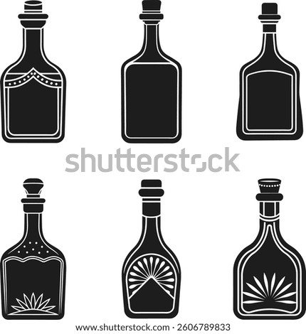 Tequila Bottle Silhouette Set - Black Vector Icons of Liquor Bottles