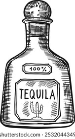 Esboço em garrafa de tequila. Ícone de menu de álcool da barra