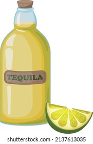 Tequila. A bottle of tequila and a slice of lime. Mexican alcoholic beverage. Alcoholic beverage. Vector illustration isolated on a white background